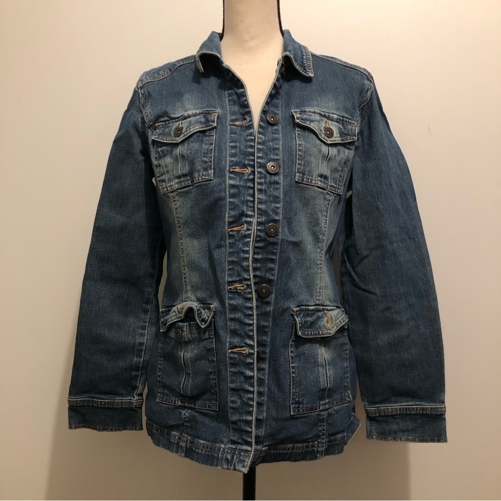 Contrast BLUE jean jacket long  button front SZ M vintage EUC pockets
